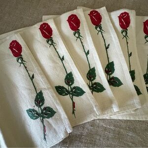 retro mid century red roses linen napkins set of 6